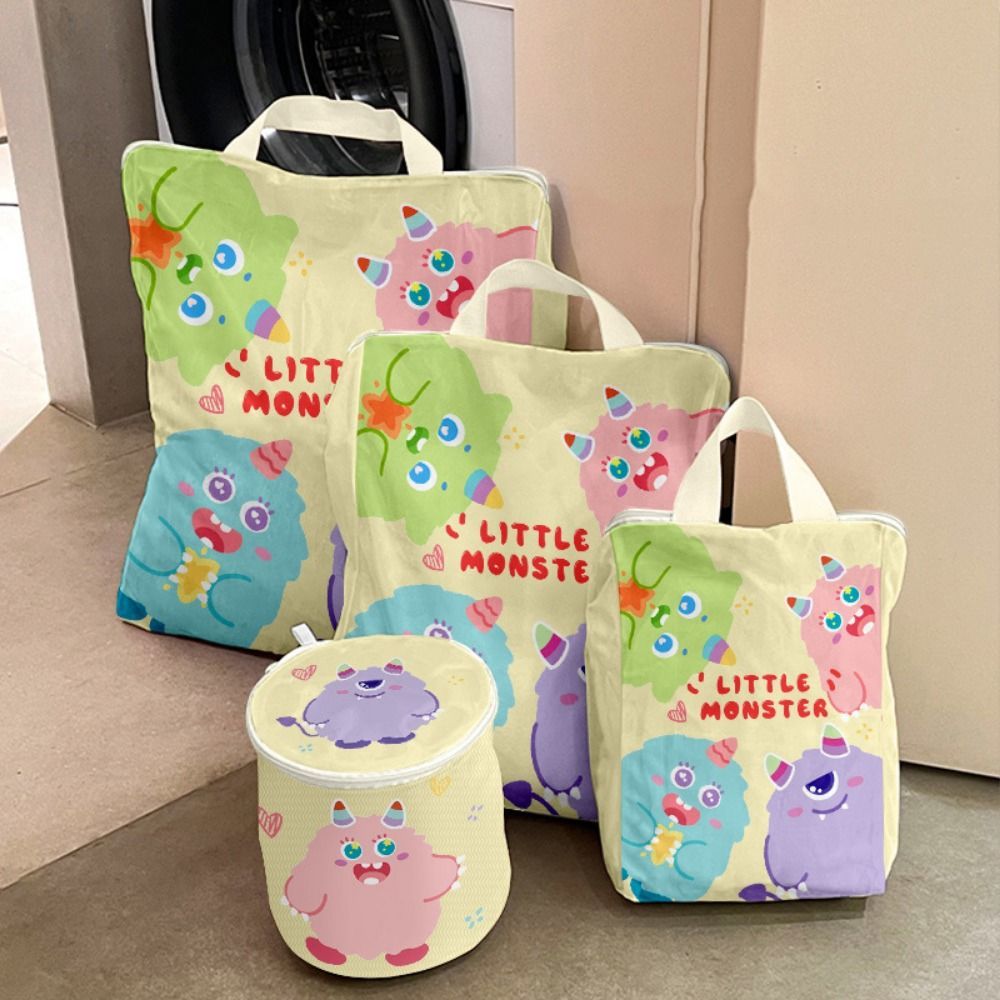 4Pcs Multiple Sizes Mesh Laundry Bags Set Cute with Handle Lingerie Wash Bags Cute Prints Washable P
