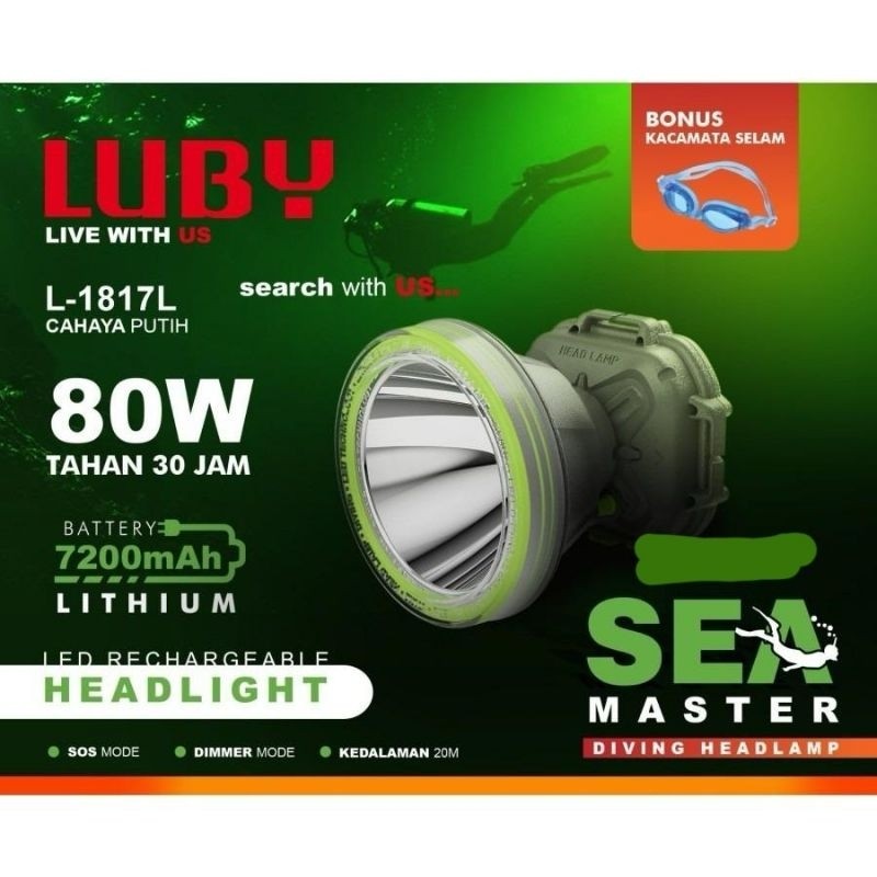 TERMURAH Senter Kepala Headlamp Selam Tahan Air 80W LUBY L1817/1817/L-1817L/L-1817K putih kuning
