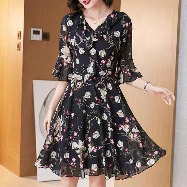 baru floral chiffon dress temperamen v-neck rok midi dress korea dress bunga korea sahziasasarano