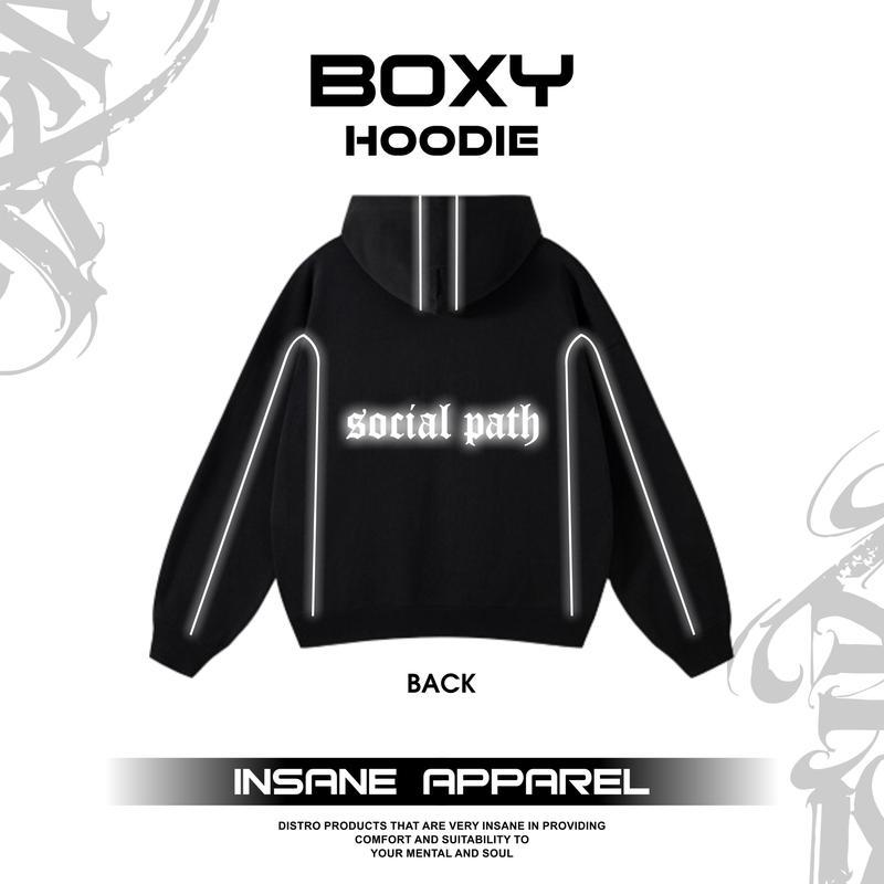 Hoodie Jaket Garis Model Boxy Reguler Desain Terbaru Social Path Memantulkan Cahaya Reflektif Fleece