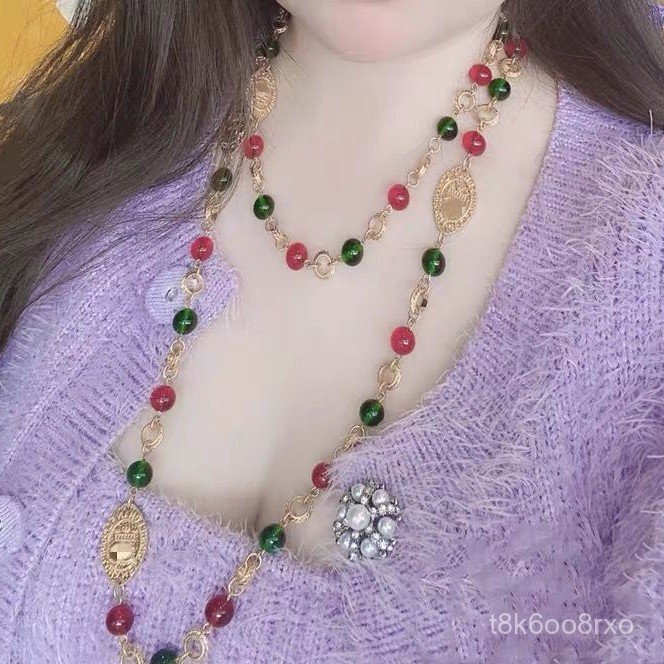Vintage Chanel Style vintage Antique Style Seal Gold Coin Glass Long Necklace European and American 