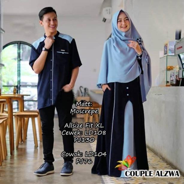 Couple Alzwa Baju Pasangan Gamis Syari Koko Muslim Bahan Moscrepe XL - navy biru