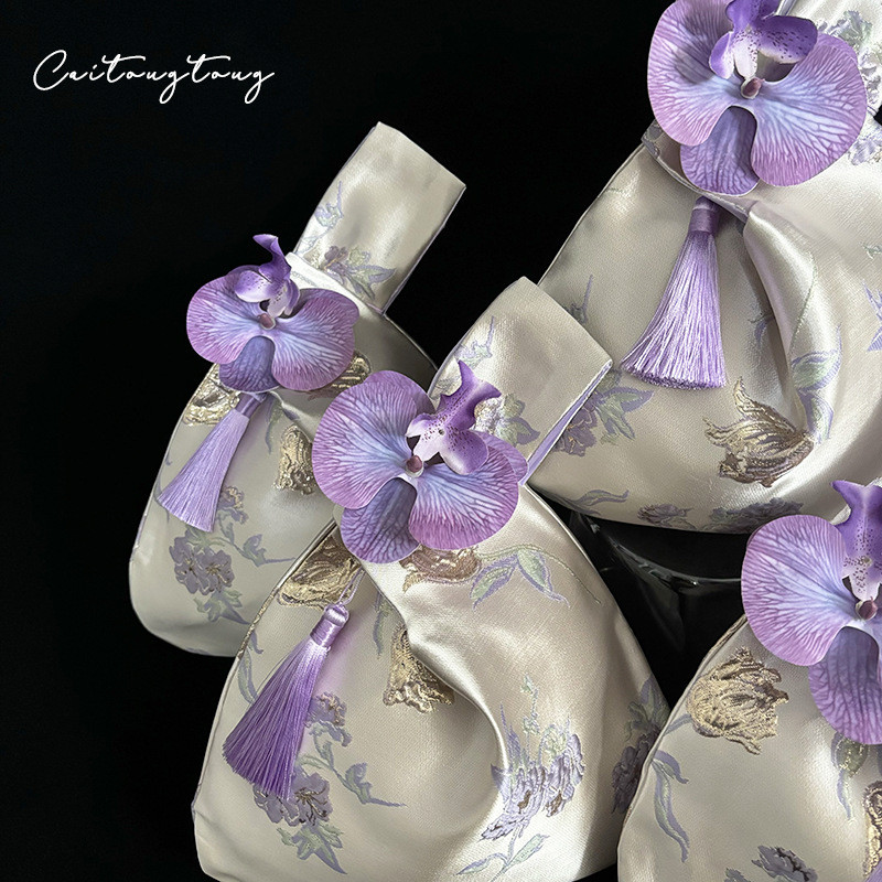 Phalaenopsis rumbai imitasi sutra emas sutra jacquard kain tas pergelangan tangan gaya Cina baru