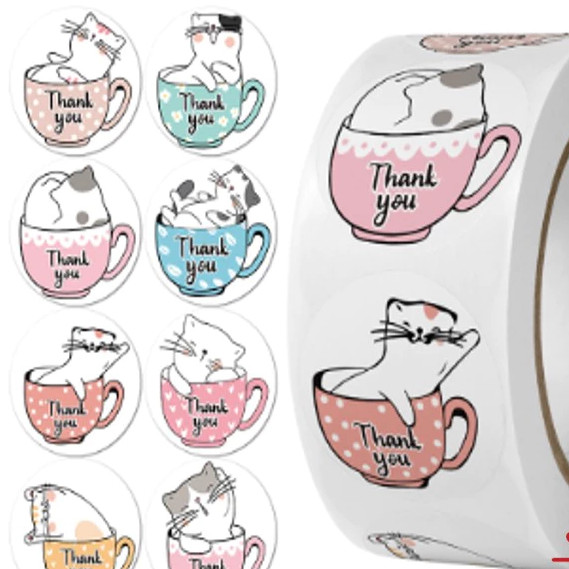 RM 500 PCS Stiker Thank You 1 Roll Sticker Terimakasih Terimakasih Thanks Motif Kucing Lucu Bungkus 