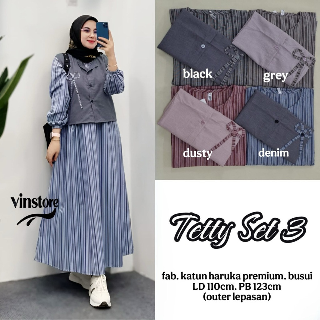 Tetty Set 3  Vinstore Dress Set Outer Linen Best Seller alya store
