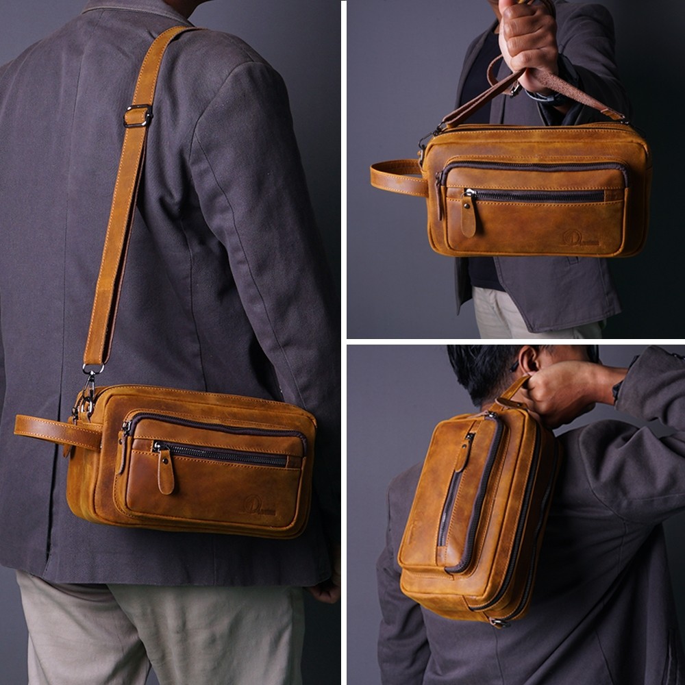 POUCH06 Sling Bag TAS Selempang pria/cowok Wanita ada slot kartu kion Bahan Kulit Sapi Asli kualitas