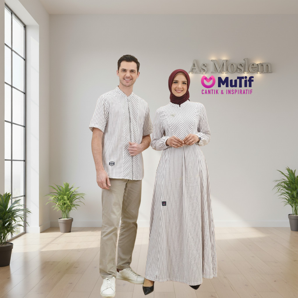 MUTIF Pasangan Couple Dewasa Adam Hawa Maroon Koko Tangan Pendek Gamis Stripe Garis Merah Putih