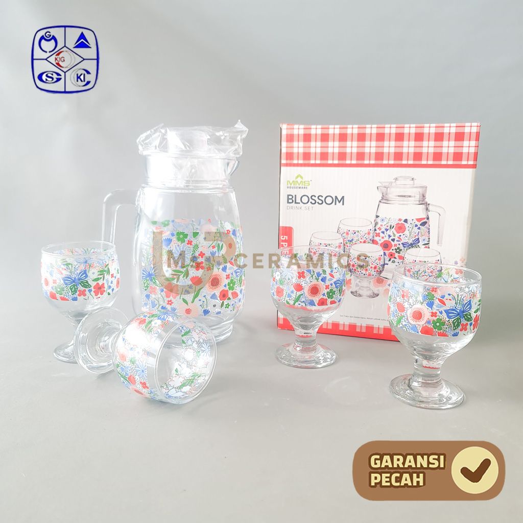KIG  1 SET Drink Teko Cangkir Set Kaca Estetik BLOSSOM BIRU Pitcher Set Beling Jug Drink Set 4 Gelas
