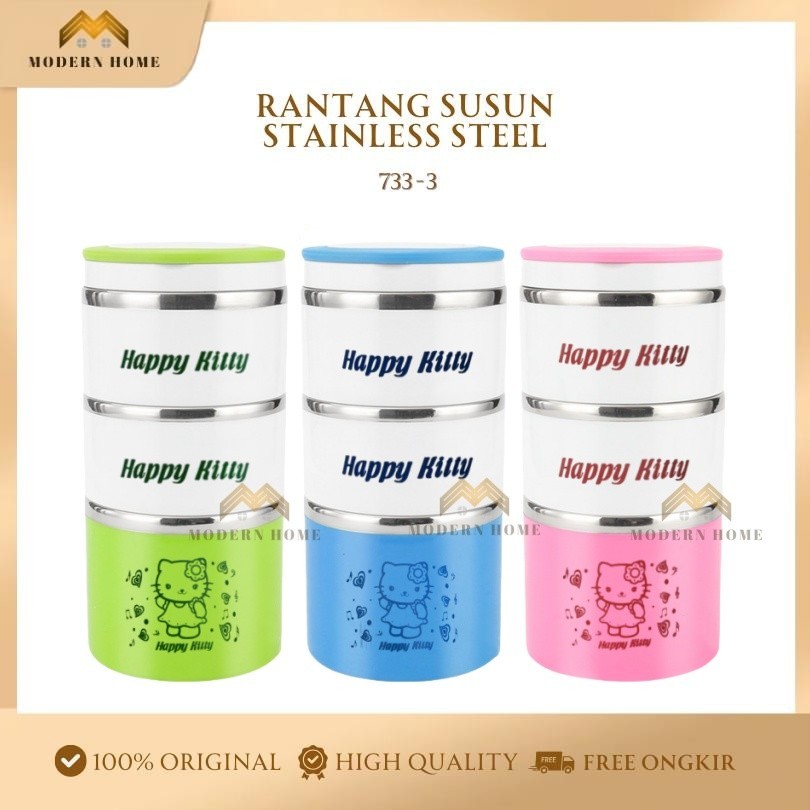 Rantang 3 Susun Hello Kitty 1400 ml Stainless Steel Lunch Box Three Storey Triple Layer Insulated Lu
