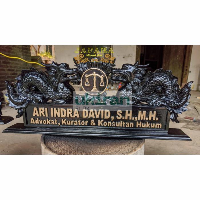 Papan Nama Ukir Kayu Motif Naga, Papan Nama Meja Kantor Naga Kembar EU4364