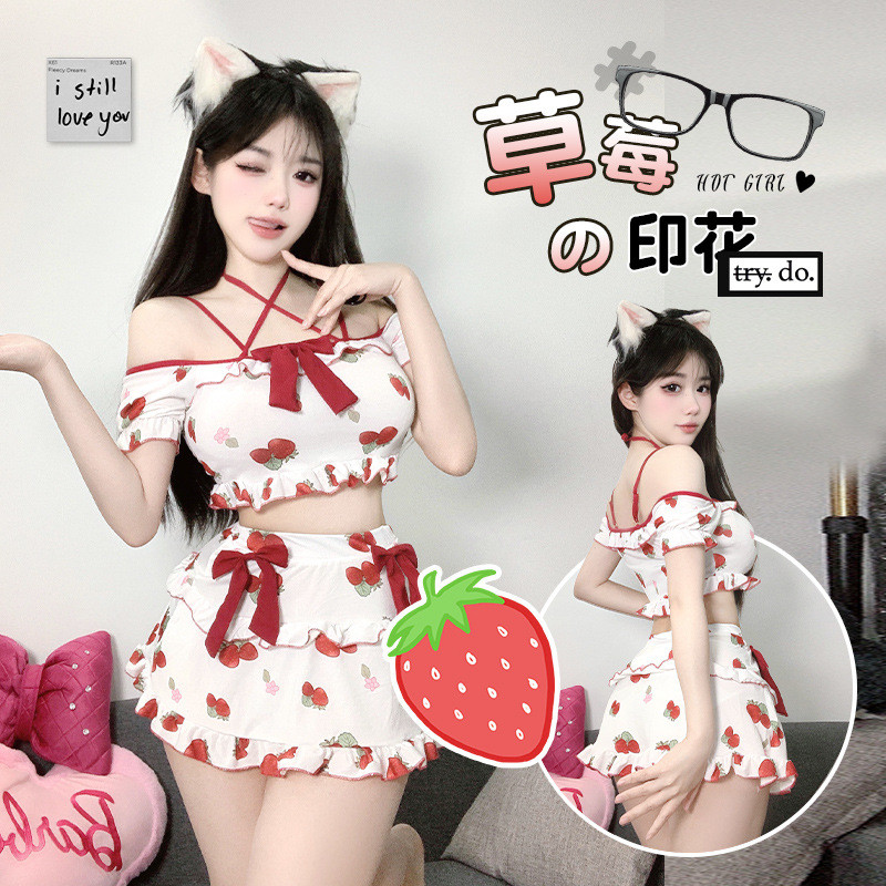 LI-33 kostum cosplay strawberry dot polkadot stoberi lolita wanita baju tidur mini