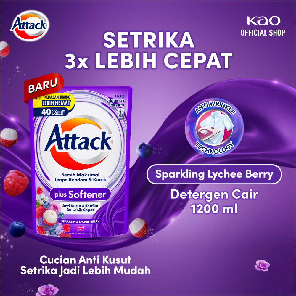 Attack Plus Softener Deterjen Cair Liquid Sparkling Lychee Berry Pouch 1200 ml