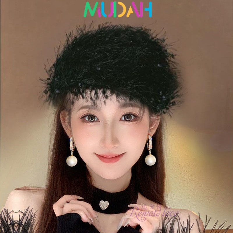 2024 Korea Topi Wanita Baru/Topi Kecil Retro Prancis/Bando Bulu/Jepit Rambut Gaya Barat Hitam/Hiasan