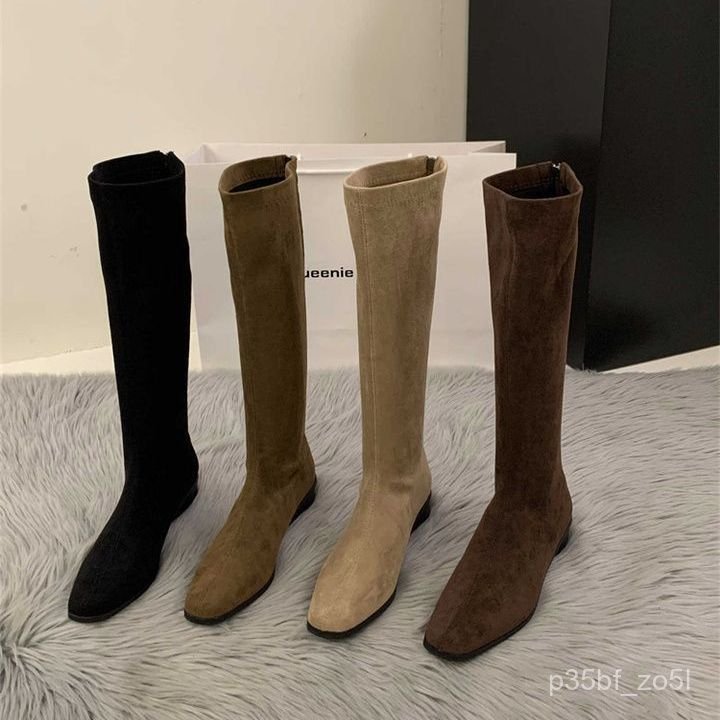 40Women's Long Boots Korean Style Versatile Chunky Heel Pointed Toe Suede Long Boots Back Zipper Rid