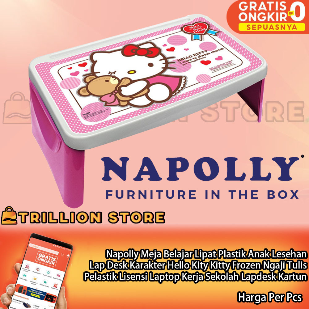 Napolly Meja Belajar Anak Lesehan Lipat Plastik Lap Desk Karakter Hello Kity Kitty Frozen Ngaji Tuli