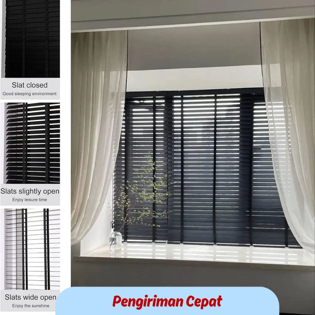 PCP 50mm Wooden Venetian Blinds Window Blinds, Custom Size Black Wooden Shutter Blinds Easy to Insta