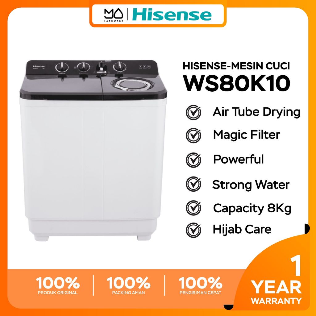 HISENSE Mesin Cuci 2 Tabung WS80K10 Top Loading Twintube Kapasitas 8KG - Garansi Resmi