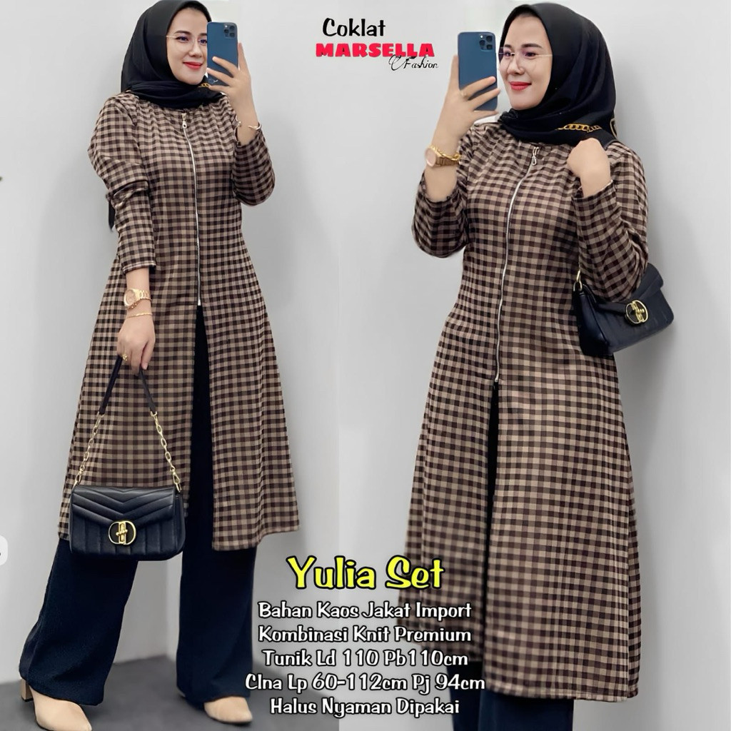 YULIA SET Setelan Wanita Tunik + Celana Bahan Premium Import Nyaman Adem Dipakai  Marsella Fashion a