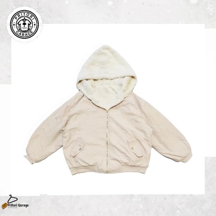 Reversible Bomber Sherpa Hoodie Jacket Box Cut FeiXiang Cream White XL