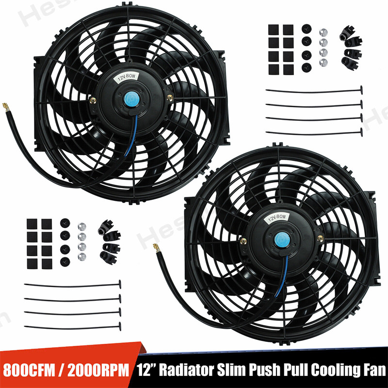 2 Pieces 12" In Universal Slim Fan Push Pull Electric Raator Cooling Fans 12V 80W Mount Kit 2000 RPM