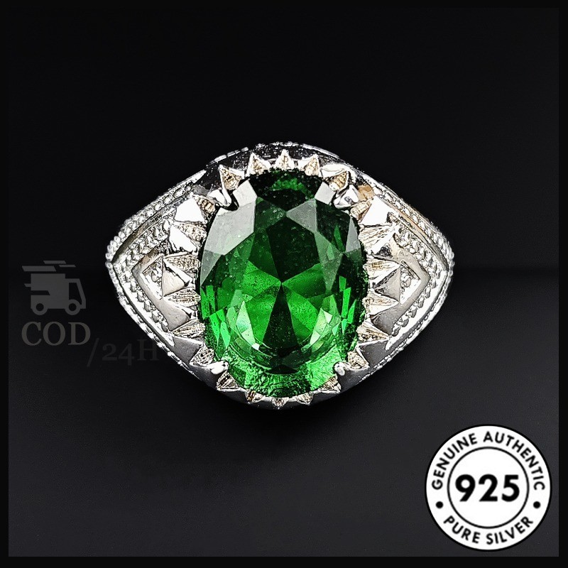 Cincin Pria Perak Thailand Vintage 925 Batu Permata Hijau