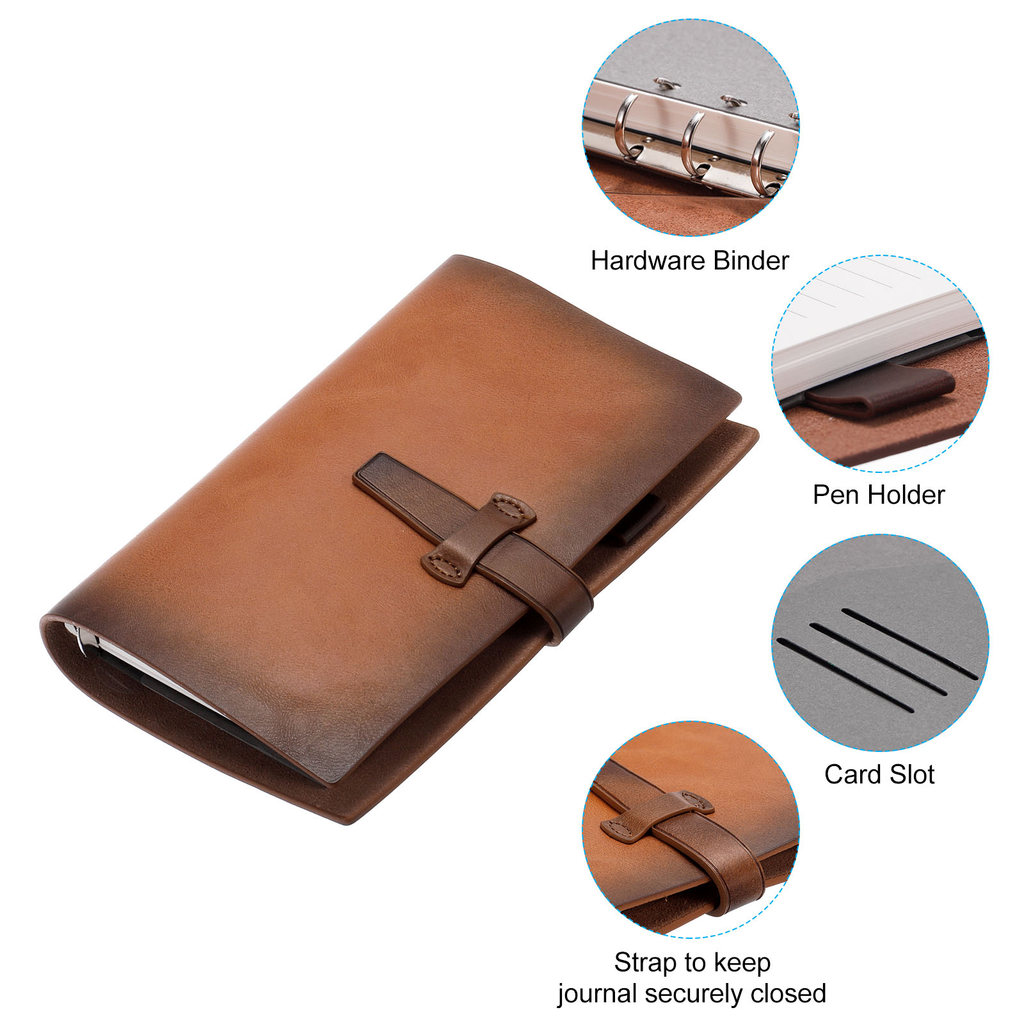 A6 PU Leather Binder Notebook 6 Ring Binder PU Clip-on Notebook Leather Refillable Loose Leaf Notebo