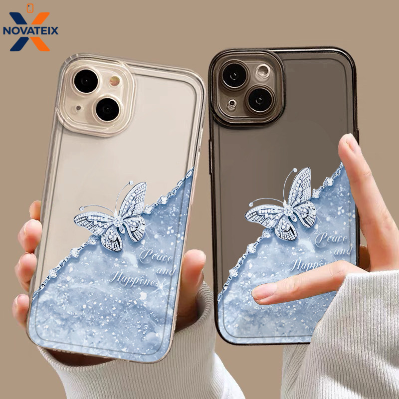 Casing IPhone Kupu-kupu berlian biru Transparan Soft Case Fashion Cocok untuk iPhone 11 12 13 14 15 