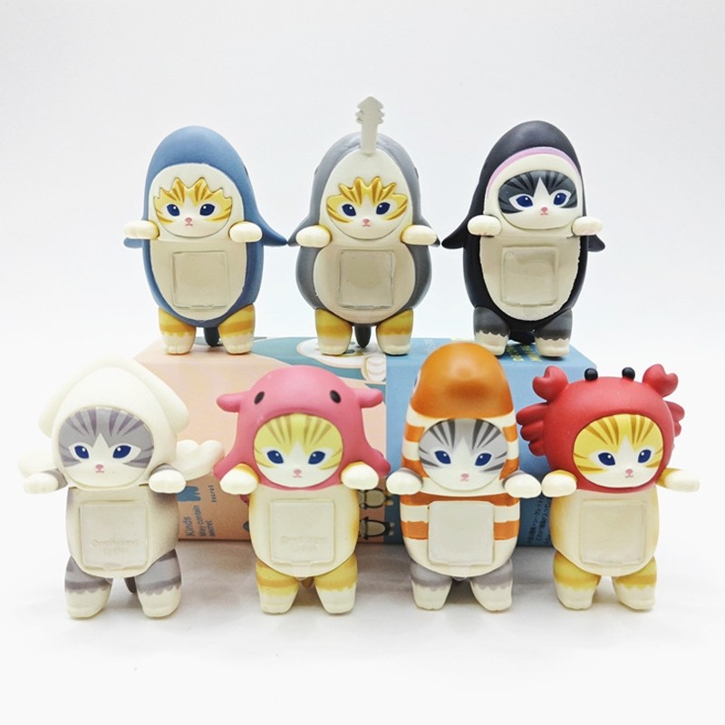 7Pcs / Set 5cm Anime Mofusand Shark Cat Haiwan Laut Kepeting Udang Squid Tiger Shark Q Versi PVC Tok