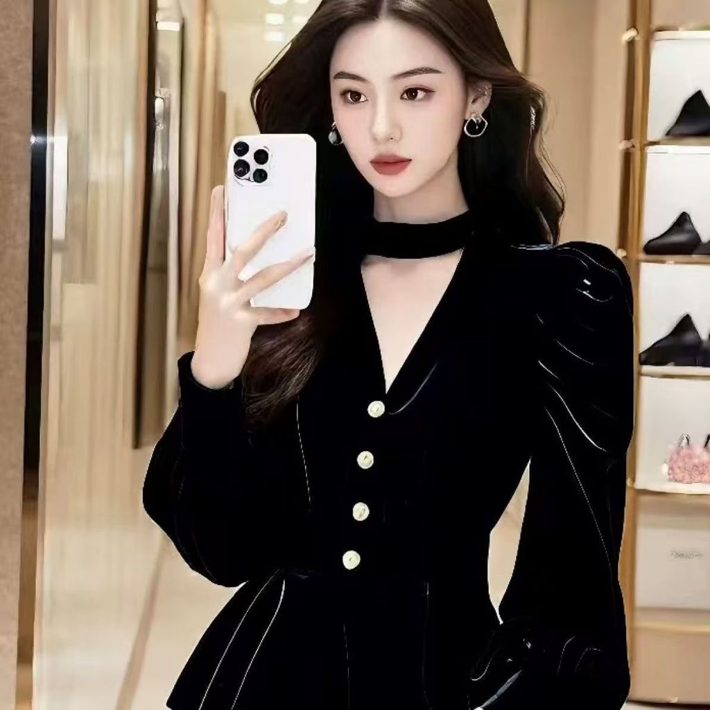 Chanel Style Black Velvet Long Sleeve Shirt Halter Neck French Unique Beautiful Top