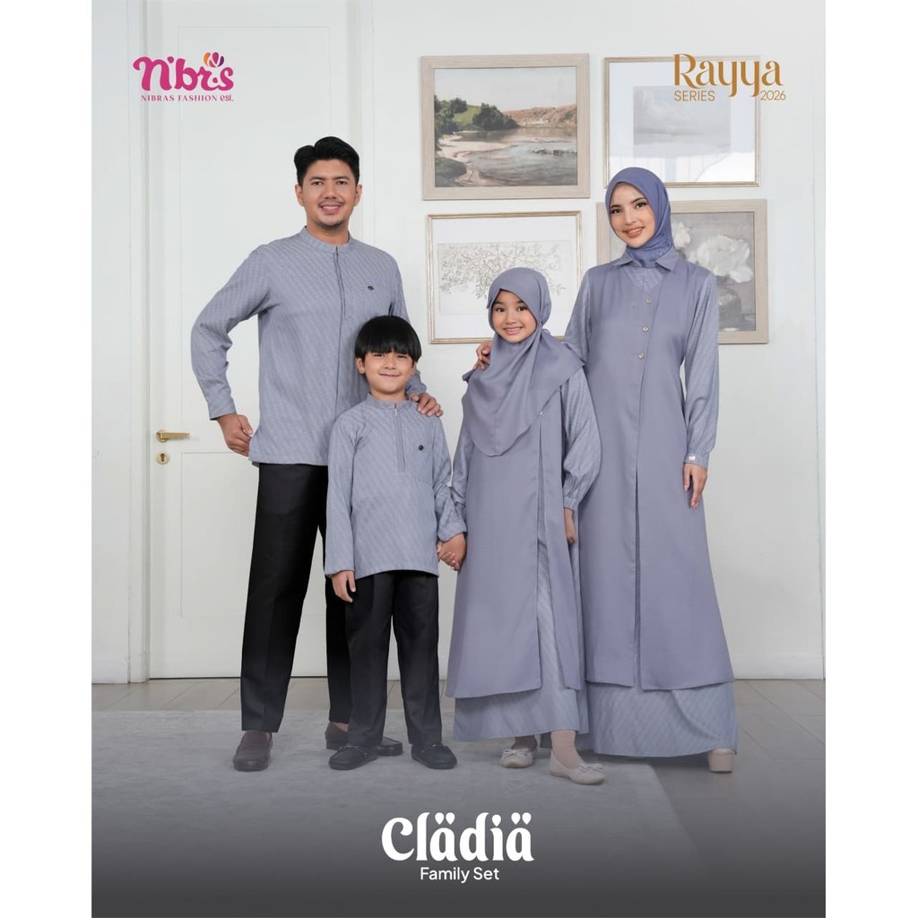 Sarimbit Nibras Cladia Baju Couple Keluarga Gamis Ibu Anak & Koko Ayah Dewasa Anak Grey NBRS Rayya