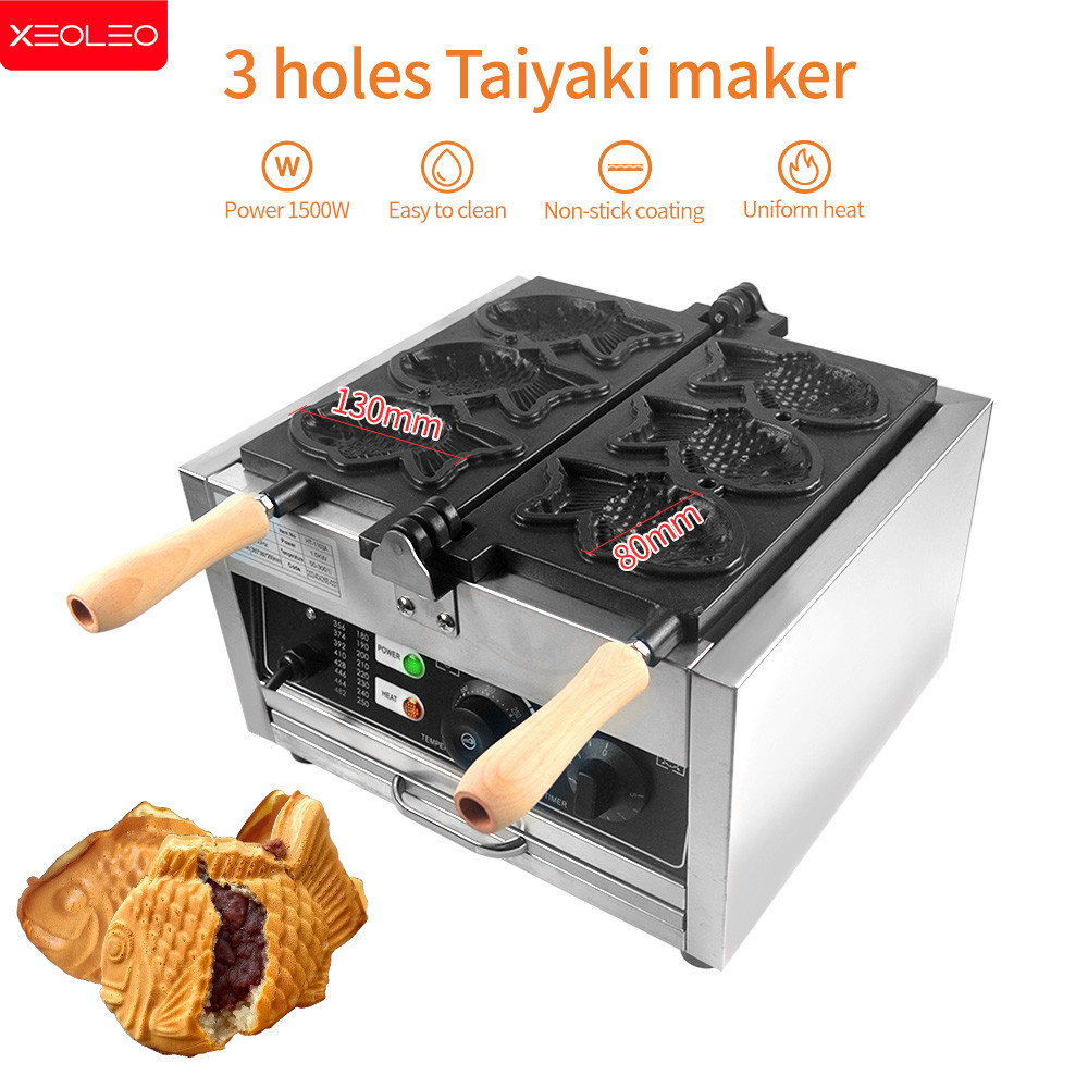 XEOLEO Taiyaki Maker 3PCS Fish Shaped Waffle Maker Machine 1400W Ice Cream Taiyaki Maker Non-stick C