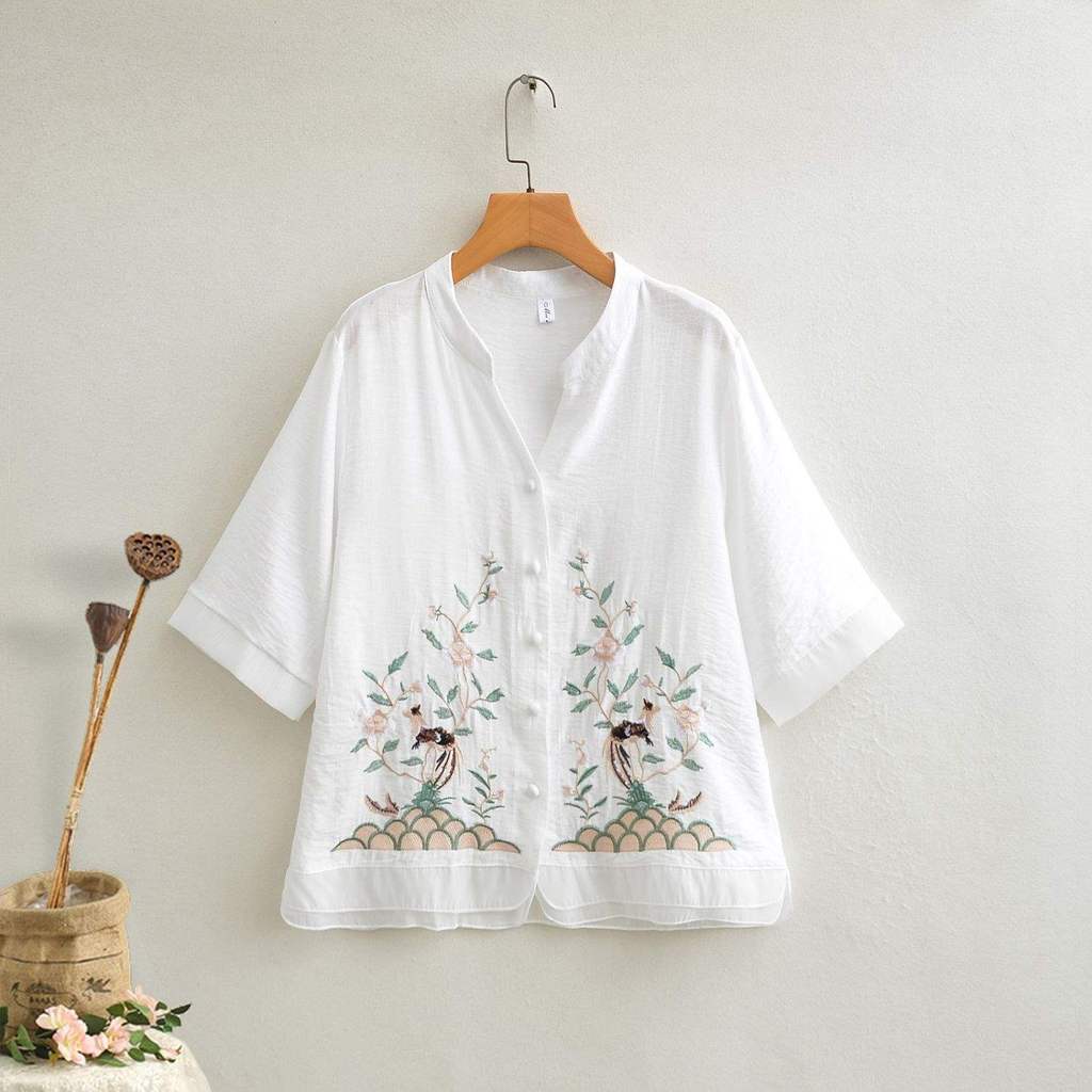 Kemeja Bordir Vintage untuk Wanita Baru Longgar Lengan Sedang Kerah Renda Tipis