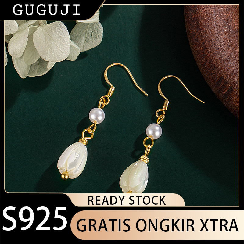 GUGUJI Anting Mutiara Magnolia Putih untuk Wanita Lily of the Valley Cheongsam Vintage Hanfu Trendy 