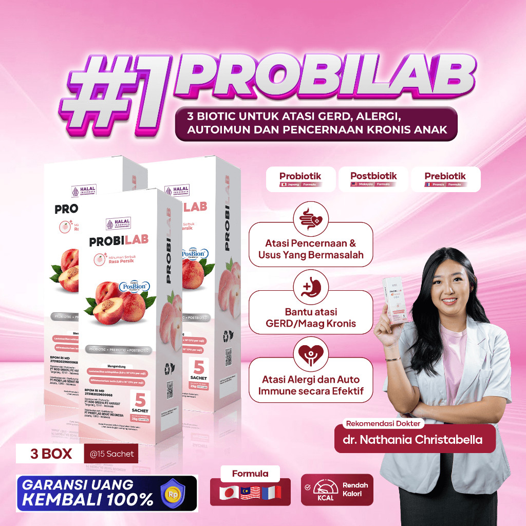 PROBILAB Kids – Suplemen Kesehatan Anak 3 Biotik Rasa Peach | Probiotik Anak Usia 2 Tahun, Multivita