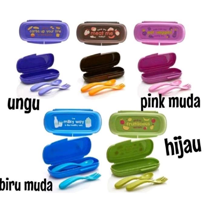 cutlery sendok garpu tupperware dengan CASE atau wadah - pink soft