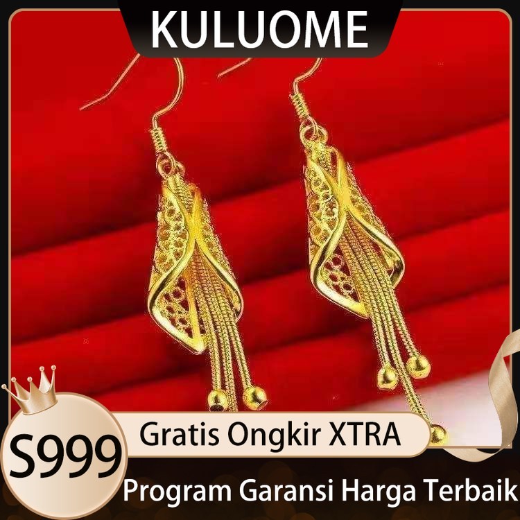 KULUOME Anting Emas Vietnam Anting Rumbai Emas Pasir Kait Telinga Emas Fashion Rumbai Tiga Garis Ant