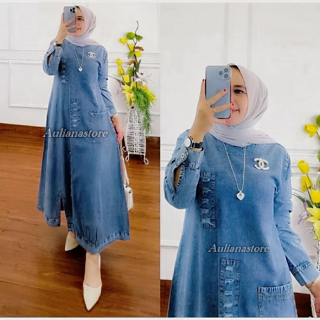 Gamis Jeans Jumbo Kinan Midi Dress Jeans/Midi Jeans Dress Denim Wanita Terbaru Variasi Sobek Depan