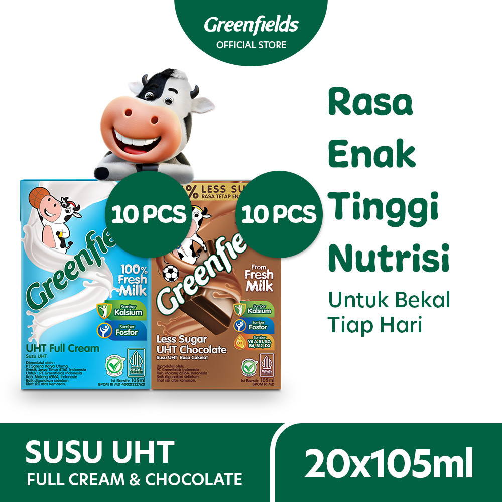Susu Greenfields UHT Full Cream & Chocolate Less Sugar 105mL x 20pcs