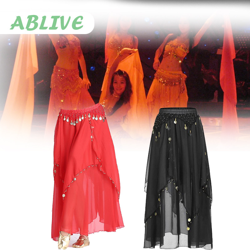 Rok Tari Perut Chiffon Swing Glitter Belly Dance Rok Sifon Koin Gold Kostum Tari Tamborin
