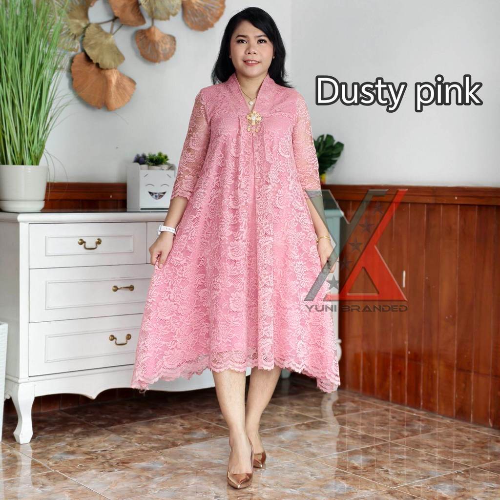 Dress Pesta Brukat Silvana Wanita Gaun Brokat V-Neck A-Line