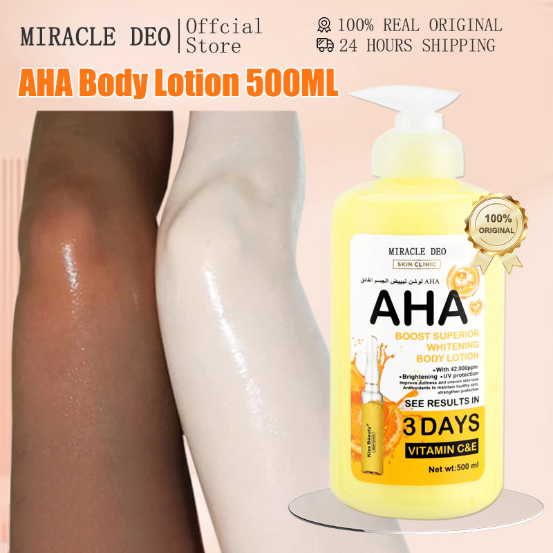 MIRACLE DEO AHA Body Lotion 500ml dengan Vitamin C & E Pelembab & Whitening Body Lotion Mencerahkan 