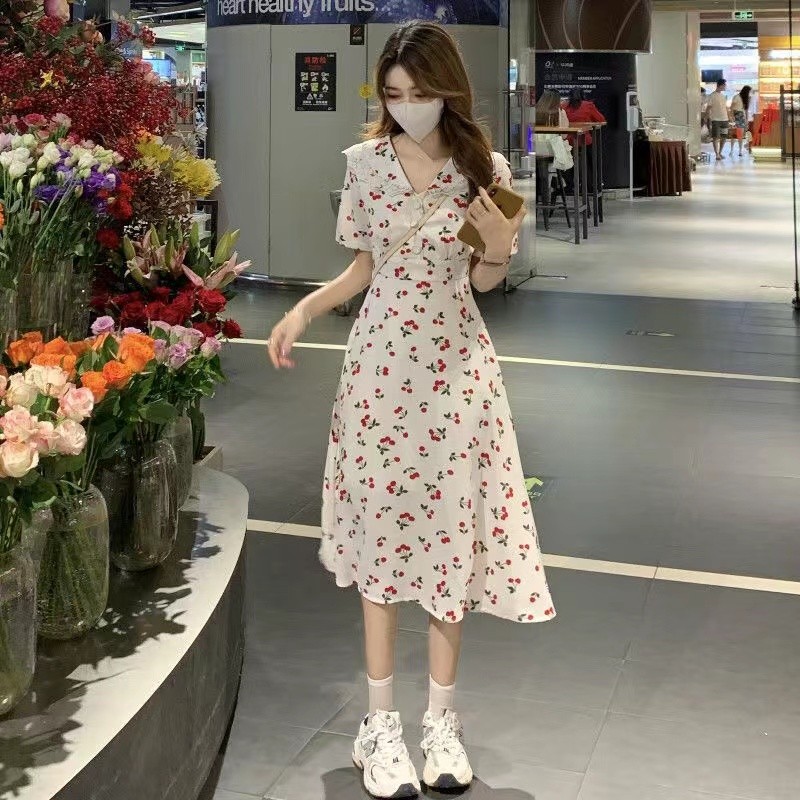 Baru Korea Renda Boneka Kerah Gaun Bunga Slim Fit Rok Midi sahziasasarano