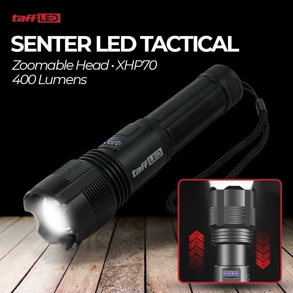 Akhsan- Senter Taktis LED Senter Kepala Dapat Diperbesar XHP70 400 Lumen