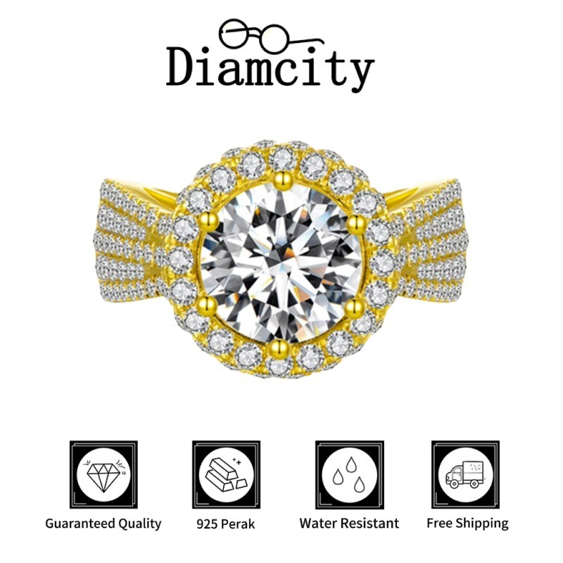 Cincin Terbuka Geometris Berlian Penuh Mewah Berlapis Emas PT950 untuk Wanita