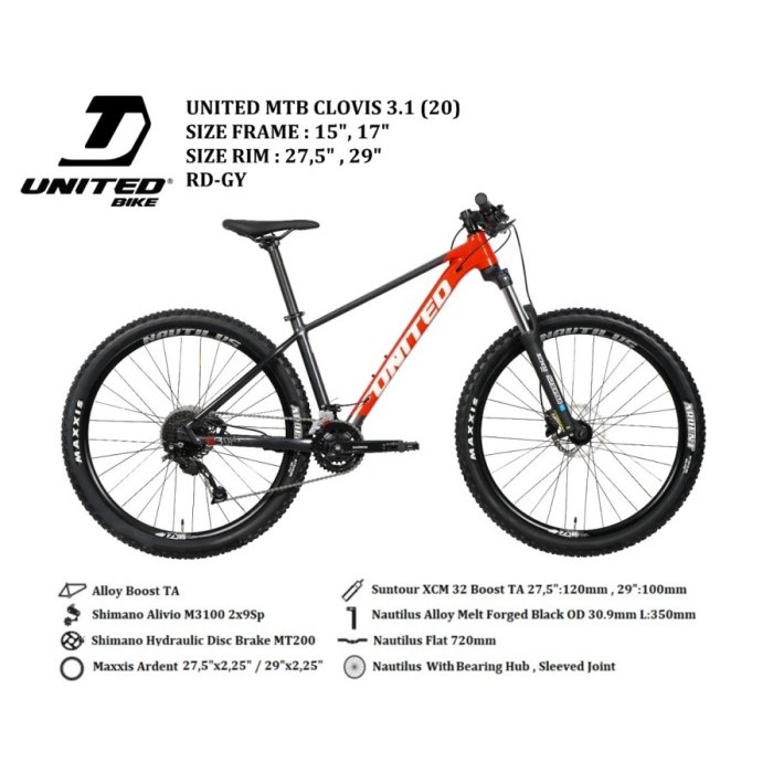 MTB 29 United Clovis 3.10 18 Speed Sepeda Gunung Mountain Bike - RED GREY, 15