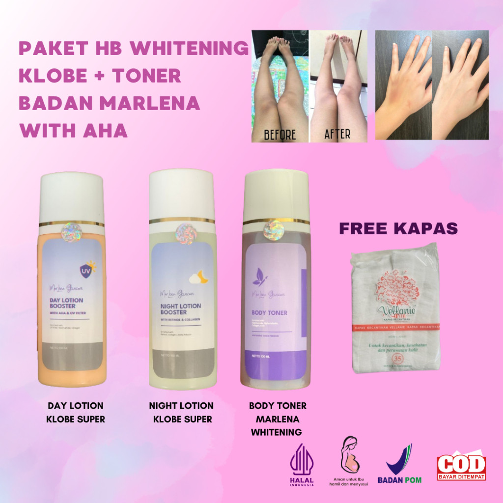 PAKET isi 3 SUPER WHITENING HB KLOBE STRONG SIANG MALAM DAN TONER BADAN MARLENA FREE KAPAS