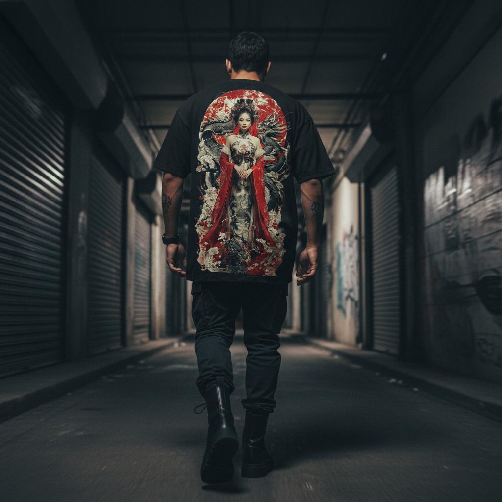 Kaos Wanita Oriental Dragon Hitam – Desain Naga Merah Aesthetic | Kaos Streetwear Unisex Keren