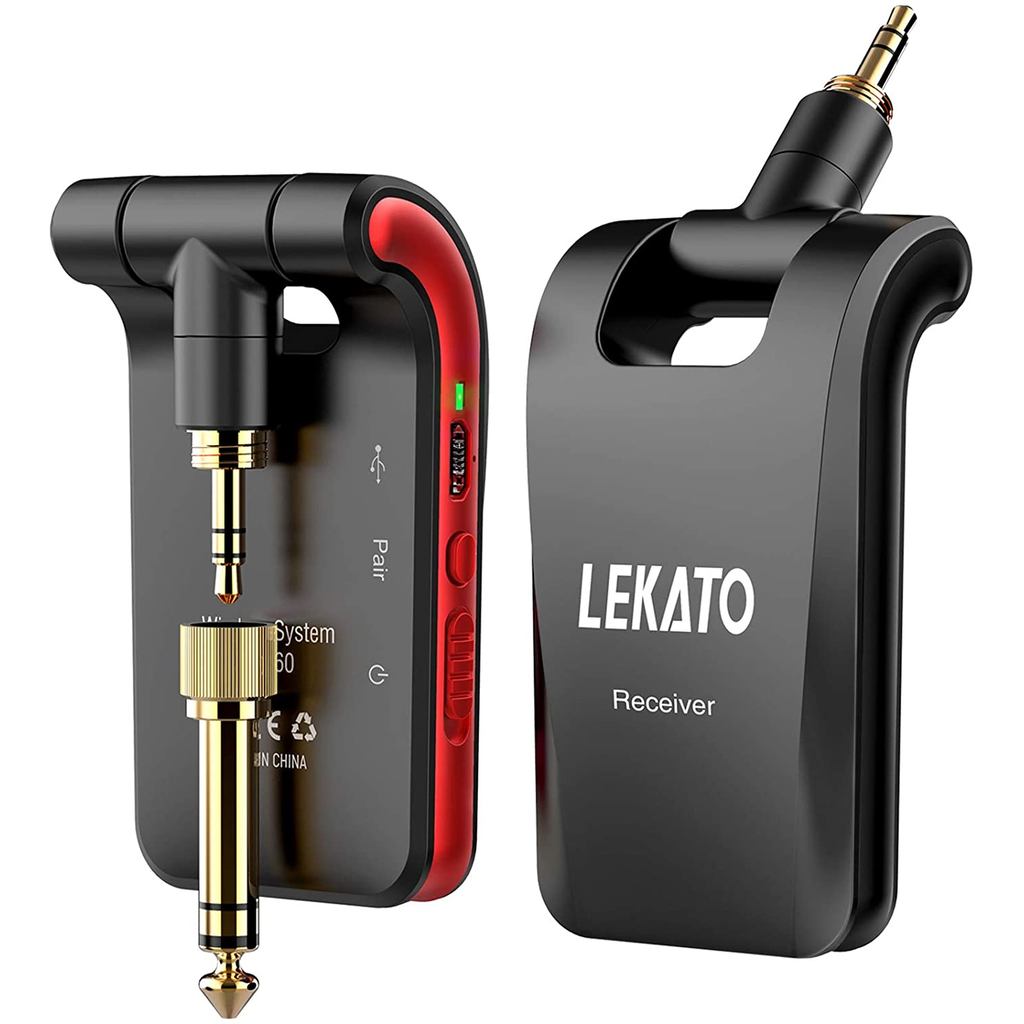 LEKATO WS-60 Wireless Guitar System 2.4GHz Wireless Guitar Transmitter Receiver Stereo 2 in 1 Plugs 