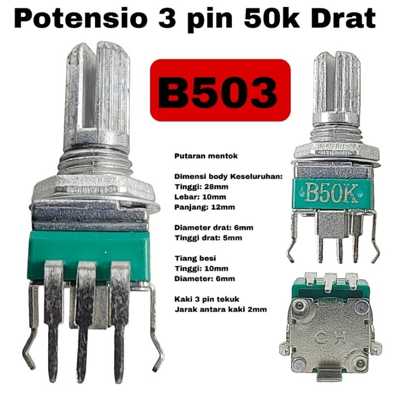 Potensio 3 pin Tekuk B50k Mono Kaki 3 Tekuk Segi Hijau B503