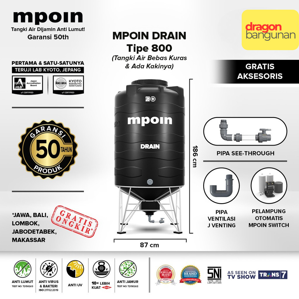 TangkiI Air Mpoin Drain 800 Liter Garansi 50 Tahun